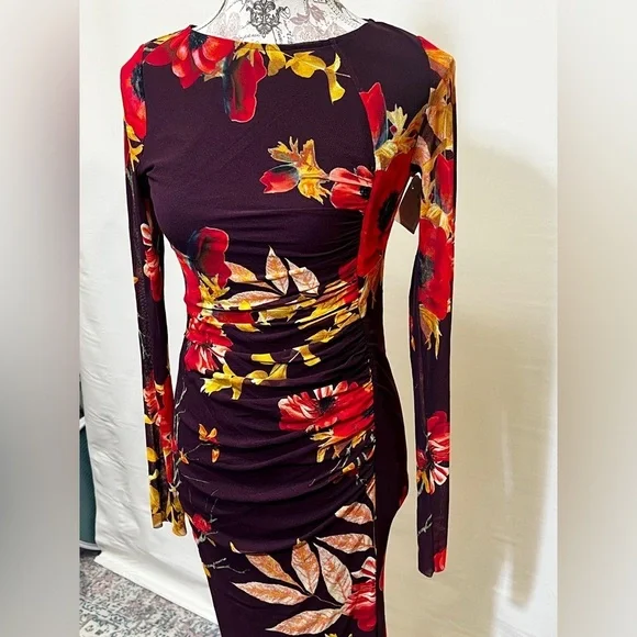 FUZZI Dark burgundy floral stretch midi dress size S/M.‎